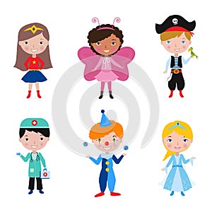 Kids wearing different costumes for costume party vector illustration.
