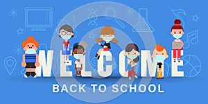 Kids wearing face mask during Covid-19 pandemic. Back to school banner illustration