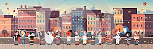 Kids wearing monsters costumes walking town holiday concept cityscape background tricks or treat happy halloween cartoon