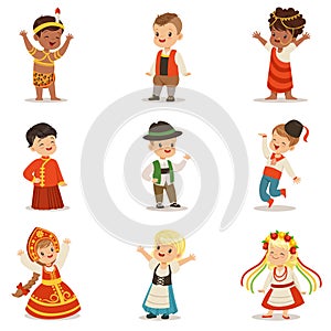 Kids Wearing National Costumes Of Different Countries Set Of Cute Boys And Girls In Clothes Representing Nationality photo