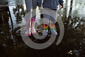 Kids wearing wellingtons in the puddle