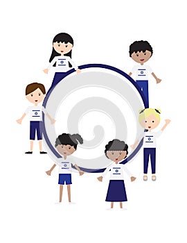 Kids wearing White shirts with Israeli flag and Blue pants or skirts, standing around White Blue round blank frame