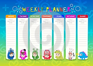 Kids weekly planner with cute monster cartoon characters. A timetable for elementary school. Children schedule design template