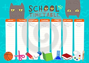 Kids weekly planner with funny cat cartoon characters. A school timetable with stationery clip art. Children schedule design
