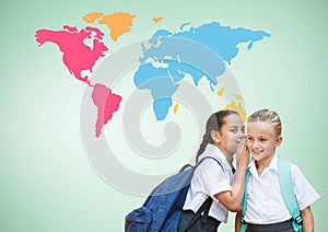 Kids whispering in front of colorful world map
