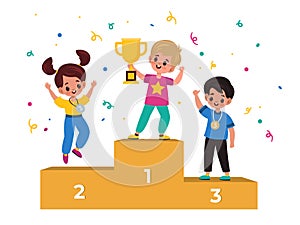 Kids winners. Winning podium with junior athletes, children with medals and gold cup, champions ranking first second and