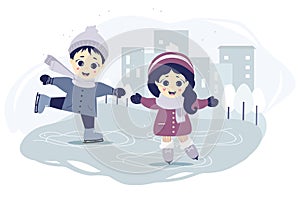 Kids winter. A boy and a girl are skating on a skating rink in the city on blue background with a cityscape, houses and trees.