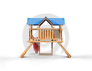 Kids wooden playhouse with red slide and blue roof - back view