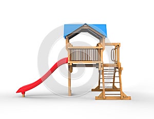 Kids wooden playhouse with red slide and blue roof - side view