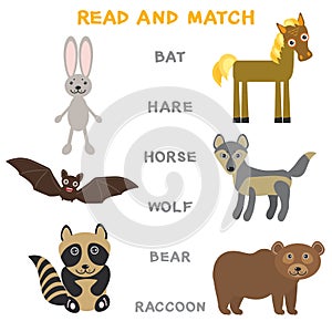 Kids words learning game worksheet read and match. Funny animals bat hare horse wolf bear raccoon Educational Game for Preschool C