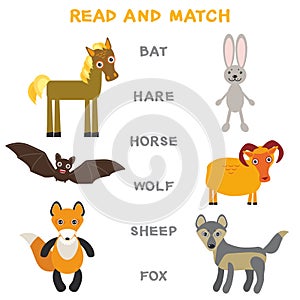 Kids words learning game worksheet read and match. Funny animals bat hare horse wolf sheep fox Educational Game for Preschool Chil