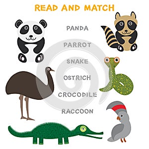 Kids words learning game worksheet read and match. Funny animals ostrich raccoon snake crocodile panda parrot Educational Game for