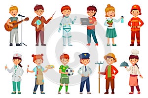 Kids workers. Child professional uniform, policeman kid and baby job professions cartoon vector set