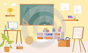 Kids workshop room. Kindergarten or school class for elementary. Zone with chalkboard, easel, toys and tools. Cartoon photo