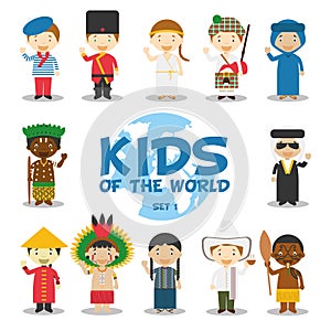 Kids of the world illustration: Nationalities Set 1. Set of 12 characters dressed in different national costumes