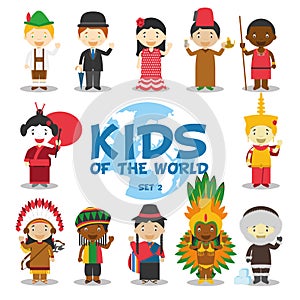 Kids of the world illustration: Nationalities Set 2. Set of 12 characters dressed in different national costumes