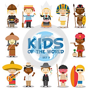 Kids of the world illustration: Nationalities Set 3. Set of 12 characters dressed in different national costumes