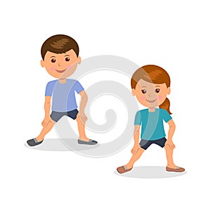 Kids yoga. Boy and girl standing perform gymnastic exercises.