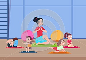 Kids in yoga class. Cartoon children with instructor doing yoga exercises in gym interior. Healthy lifestyle vector