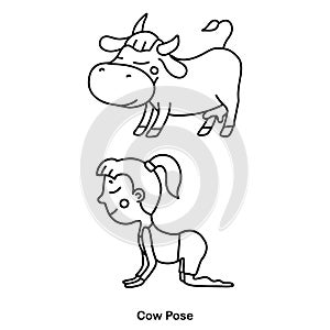 Kids yoga cow pose. Vector cartoon illustration.