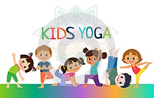 Kids Yoga Horizontal Banners Design Concept. Girls and Boys In Yoga Position Vector Illustration.