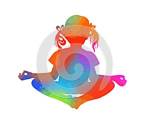 Kids Yoga Poses Vector Illustration. Multicolored Silhouette of a little girl. Yoga in the lotus position. Vector