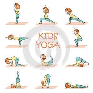 Kids yoga set with cute cartoon girl