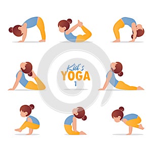 Kids yoga set. Gymnastics for children and healthy lifestyle. Cartoon kids in different yoga poses. Vector.