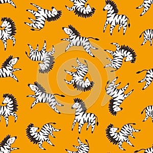 Kids zebra seamless pattern. Zoo safari print. Vector hand drawn repeated background for fabric or wallpaper design