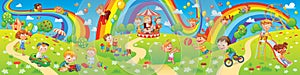 Kids zone. Amusement park rides. Children playing in playground photo