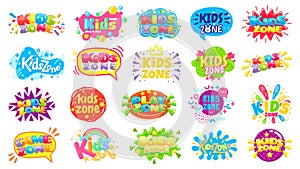 Kids zone badges. Kid play room label, colorful game area banner and funny badge vector set photo