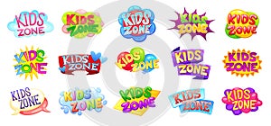 Kids zone badges. Kid play room sign sticker pack, childish fun party color logo cartoon stickers children entertainment
