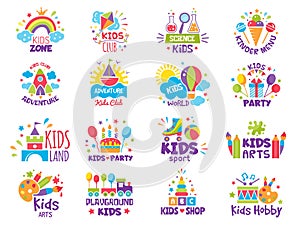Kids zone badges. Logos for creative place for childrens playgrounds or toys shop vector symbols photo