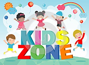 Kids zone banner design. Children playground area poster Kids zone design concept with group of little boys and girls laying