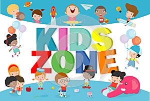 Kids zone banner design. Children playground area poster Kids zone design concept with group of little boys and girls laying