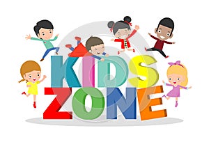 Kids zone banner design. Children playground area poster Kids zone design concept with group of little boys and girls laying