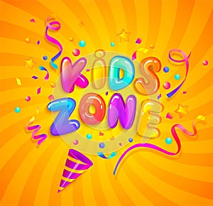 Kids zone banner with party cracker and confetti. photo