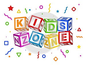 Kids zone blocks. Color geometric elements around title, children play room sign board with baby cubes font, colorful