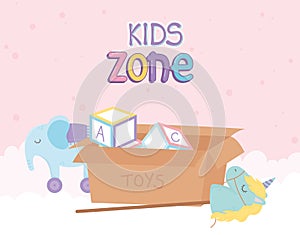Kids zone, box with alphabet blocks unicorn elephant with wheels toys