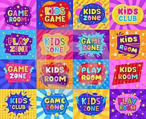 Kids zone cartoon labels, colorful play zone elements. Children playroom entertainment badges flat vector symbols set. Baby