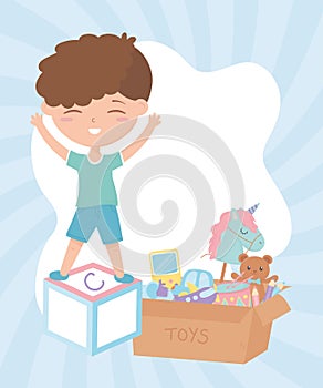 Kids zone, cute little boy on alphabet block box with toys