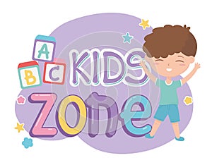 Kids zone, cute little boy alphabet blocks lettering