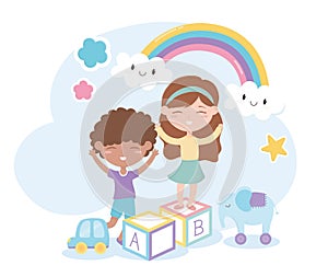 Kids zone, cute little boy and girl blocks car elephant toys
