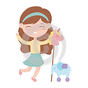 Kids zone, cute little girl with horse and elephant toys