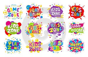 Kids zone emblem colorful cartoon illustrations set