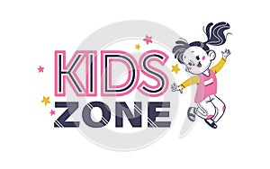 Kids zone emblem design with kids zone text, stars, happy girl jumping isolated on white background. Hand drawn vector illustratio