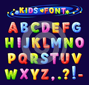Kids zone font. Child latin original alphabet playful cartoon letters, kid fun typography sign abc type colorful text