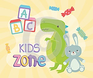 Kids zone, green dinosaur and cute rabbit toys