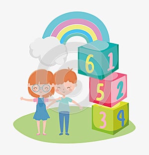 Kids zone, happy little boy and girl numbers blocks cartoon rainbow cloud