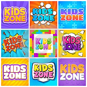 Kids zone. Kinder playroom banners for design cartoon text. Childrens playing park, backgrounds.